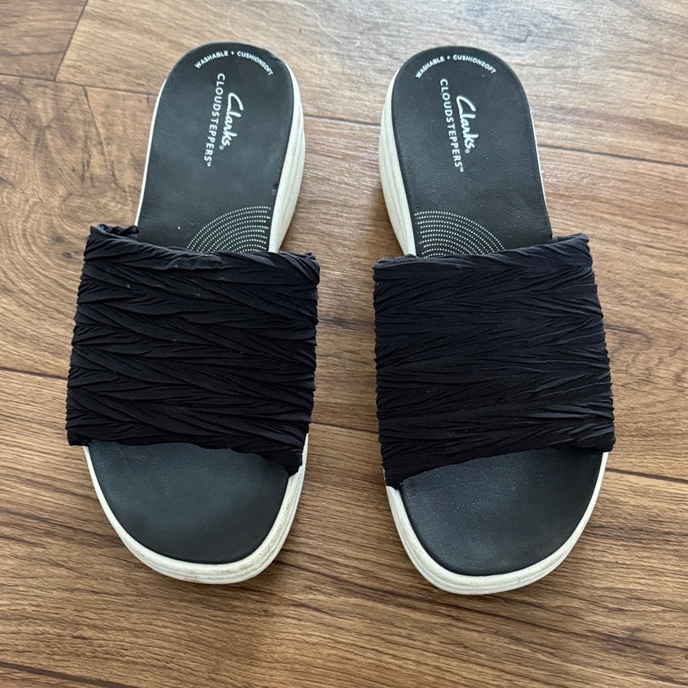 Clarks Black Ruched Slide Sandals